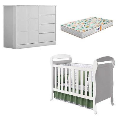 Conjunto Berço Americano Danny e Cômoda Eloá MDF com Colchão Incluso Branco