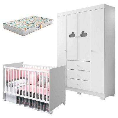 Berço Americano Tico E Guarda Roupa Infantil Ane Branco Brilho Com Colchão Gazin – Phoenix Baby