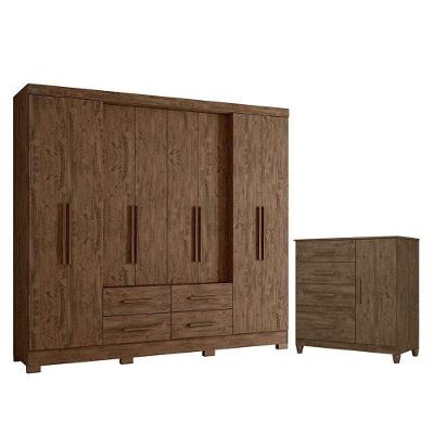 Guarda Roupa Casal San Lorenzo E Cômoda Vênus Com Pés Castanho Wood Flex– Moval