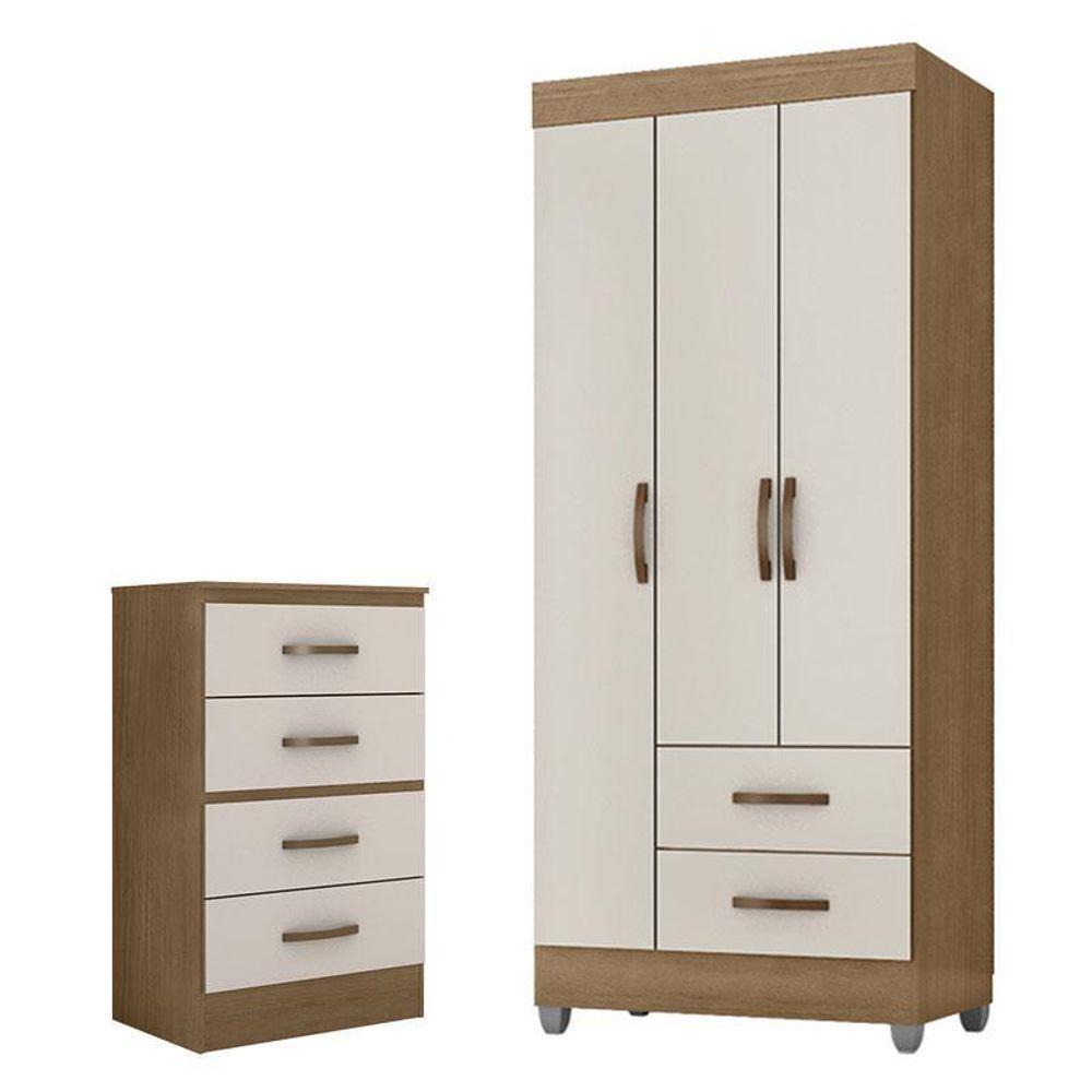 Guarda Roupa Solteiro 3 Portas E Cômoda 4 Gavetas Lite Nature Off White – Móveis Leão - 1