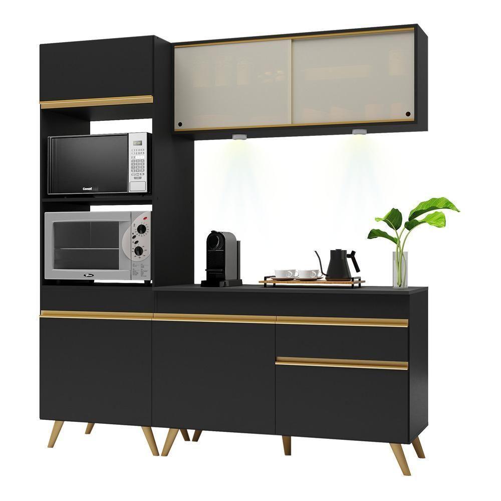 Armário De Cozinha Compacta 182cm Com Leds Veneza Up Multimóveis V2020 Preto/dourado Preto/dourado - 1
