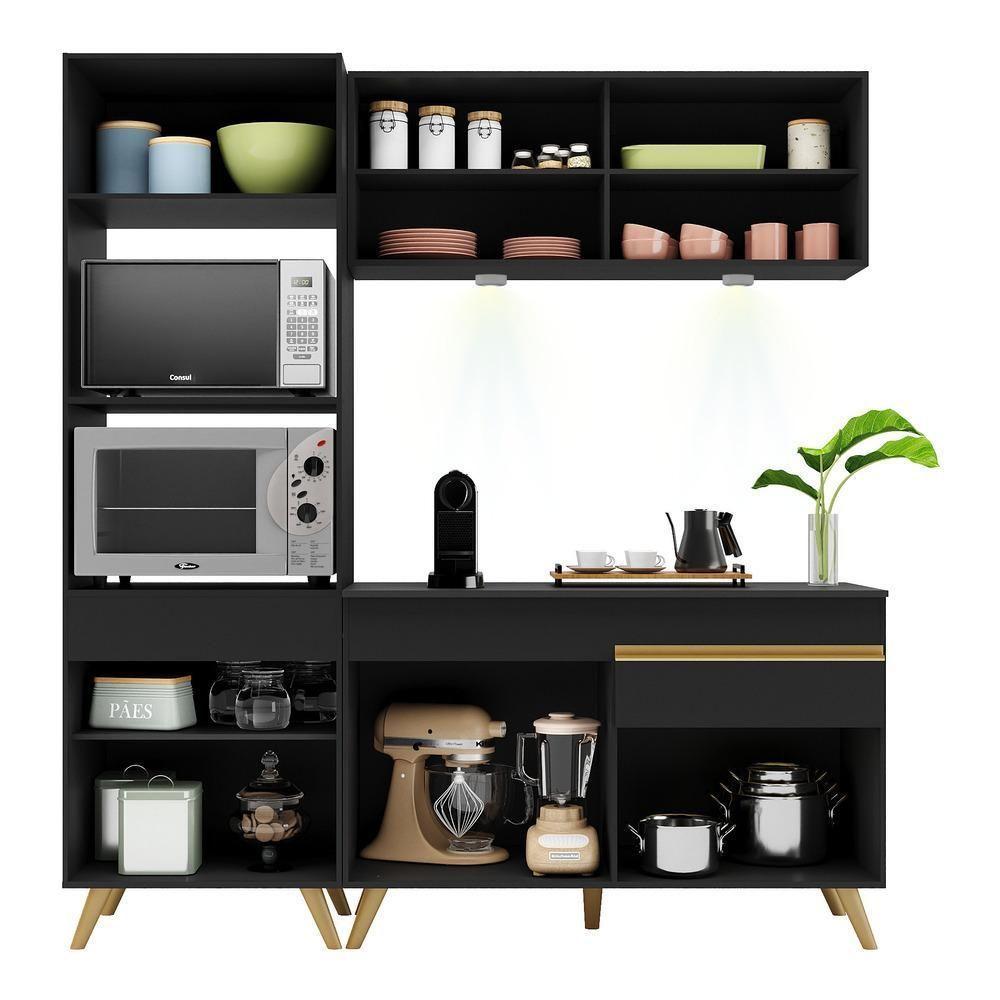 Armário De Cozinha Compacta 182cm Com Leds Veneza Up Multimóveis V2020 Preto/dourado Preto/dourado - 3