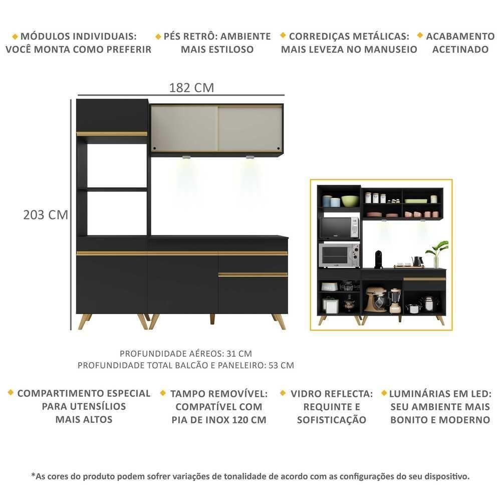 Armário De Cozinha Compacta 182cm Com Leds Veneza Up Multimóveis V2020 Preto/dourado Preto/dourado - 5