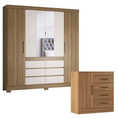 Cômoda e Guarda Roupa Casal Montevidéu Cádis 4 Portas de Bater 6 Gavetas MDP Amêndola Off White