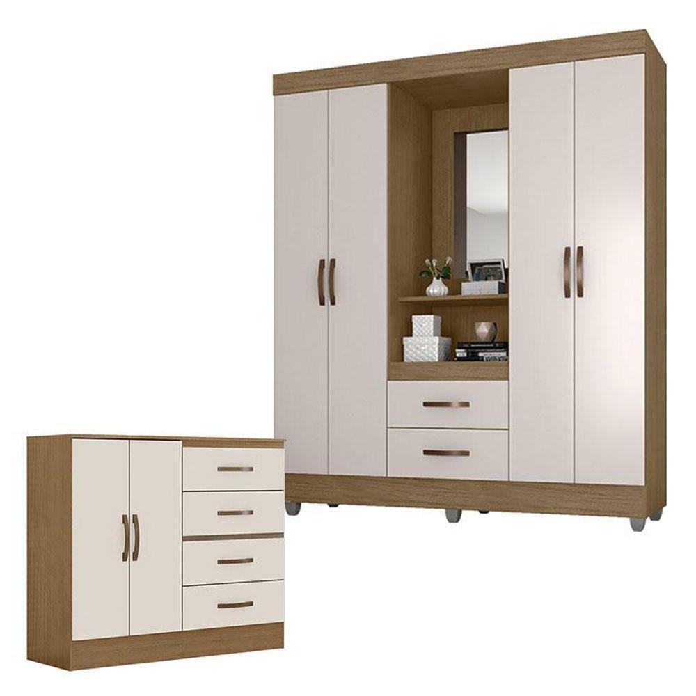 Guarda Roupa Casal Capela E Cômoda 4 Gavetas 2 Portas Lite Nature Off White – Móveis Leão - 1