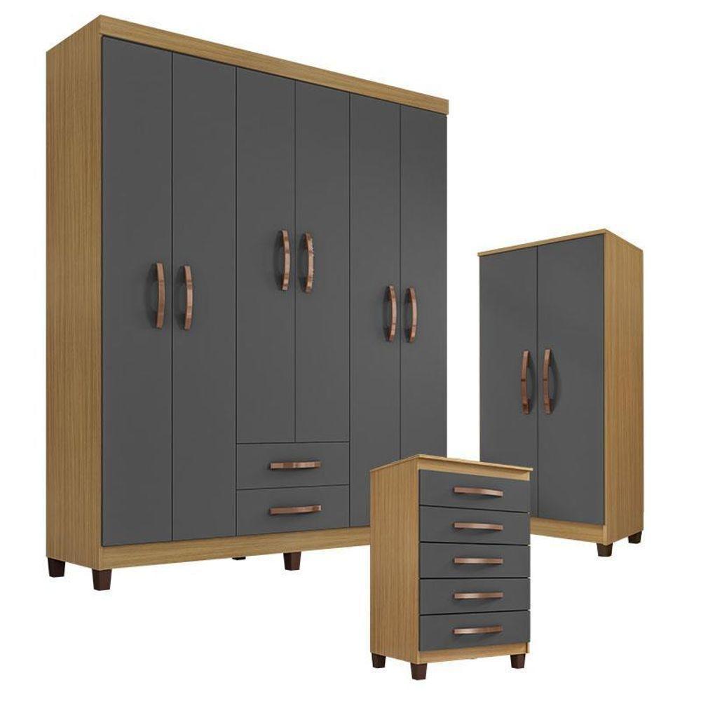 Guarda Roupa Casal Modena Com Cômoda Cannes 5 Gavetas E Armário Multiuso Recife Carvalho Americano Grafite – Incorplac - 1