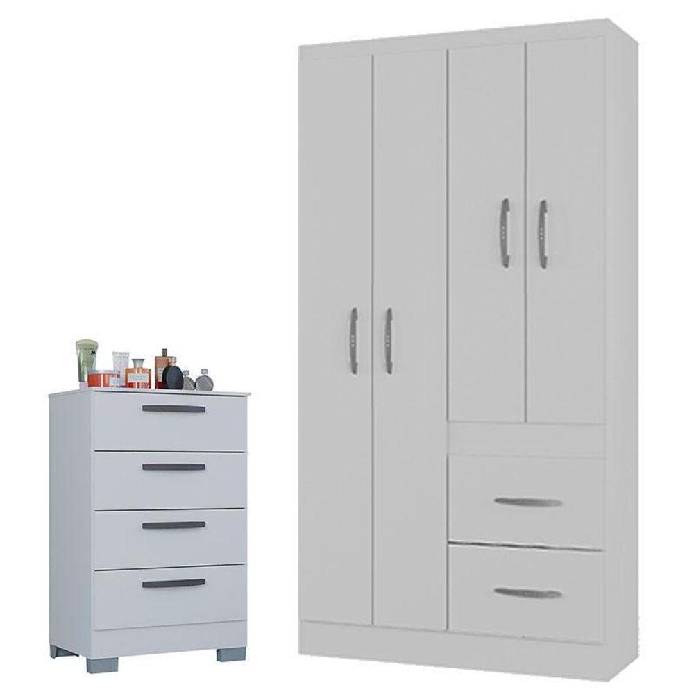 Cômoda 867 4 Gavetas Com Guarda Roupa Solteiro Milão 4 Portas Branco Brilho - Poquema - 1