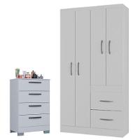 Cômoda 867 4 Gavetas Com Guarda Roupa Solteiro Milão 4 Portas Branco Brilho - Poquema - 1