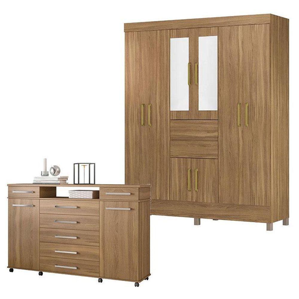 Cômoda London E Guarda Roupa Casal Munique Amêndola Touch Com Espelho - Demóbile - 1