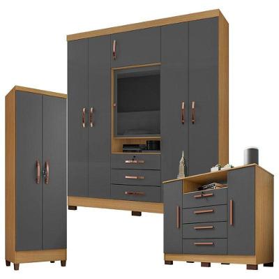 Guarda Roupa Casal Imperial Com Cômoda Madri E Armário Multiuso Egito Carvalho Americano Grafite – Incorplac