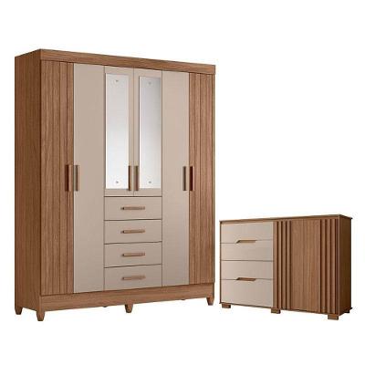 Guarda Roupa Solteiro com Cômoda Aruba Texas 8 Portas de Bater 8 Gavetas MDF MDP Carvalho Fendi
