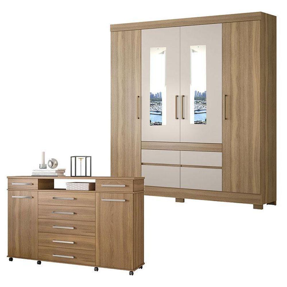 Cômoda London E Guarda Roupa Casal Bilbao Amêndola Off White Com Espelho - Demóbile - 1