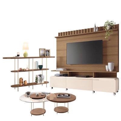 Estante Home Theater Artís Off White Castanho E Aparador Infinity E Kit Mesa De Centro Sky Castanho – Hb Móveis