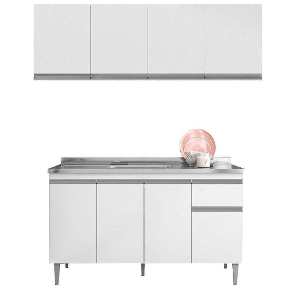 Balcão De Pia Tatiane 145 Cm E Armário Aéreo Andréia 4 Portas 160 Cm Branco Brilho - Ajl - 1