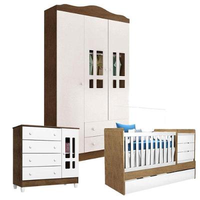 Quarto De Bebê Ariel 3 Portas Com Berço Americano Multifuncional Cléo Branco Acetinado Amadeirado – Carolina