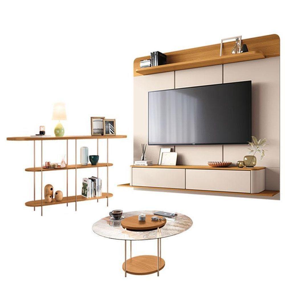 Home Suspenso Galax Cinamomo Off White E Aparador Infinity E Mesa De Centro Sky Com Tampo De Vidro Cinamomo- Hb Móveis - 1