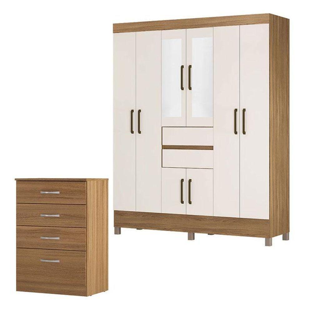 Cômoda Astral E Guarda Roupa Casal Munique Amêndola Off White Com Espelho - Demóbile - 1