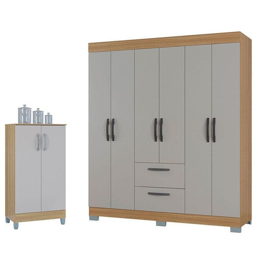 Guarda Roupa Casal Tóquio 6 Portas Com Armário Multiuso 2 Portas Pequeno Damasco Off White - Poquema - 1
