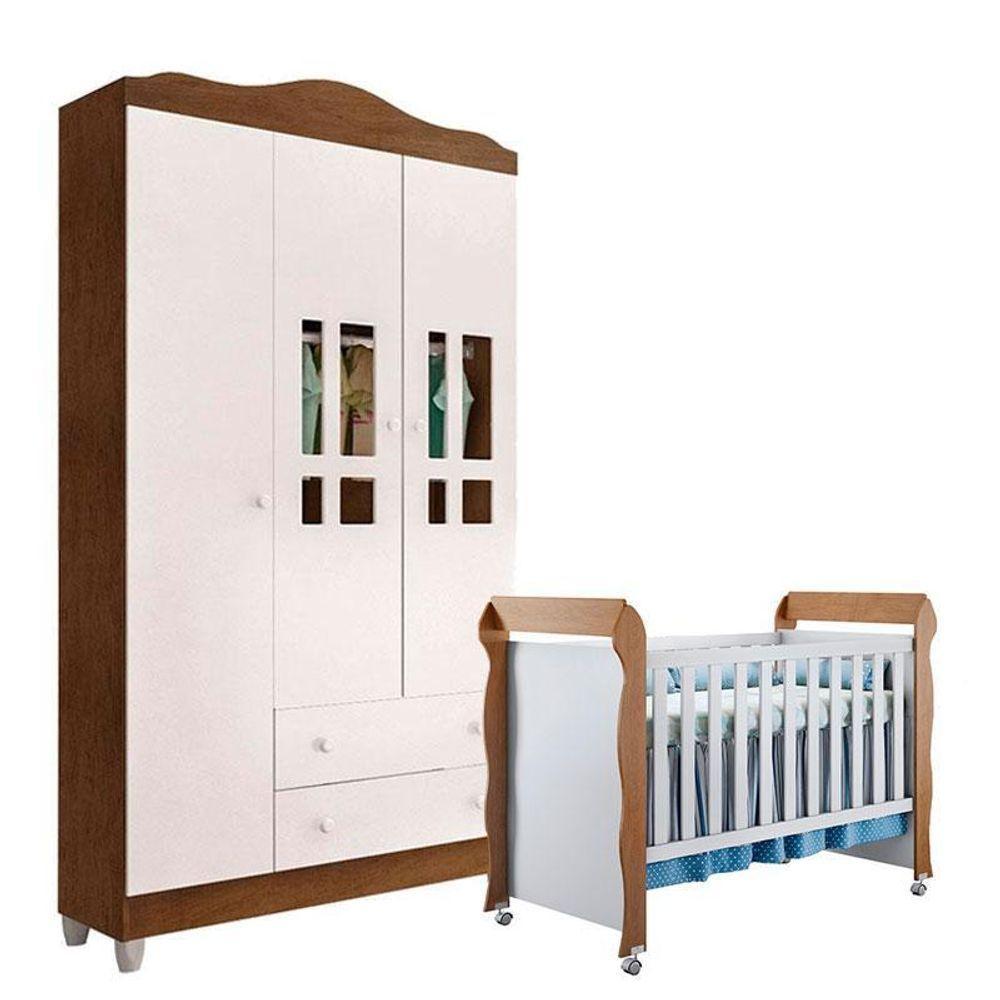 Berço Americano Mirelle E Guarda Roupa Ariel 3 Portas Branco Acetinado Amadeirado - Carolina - 1