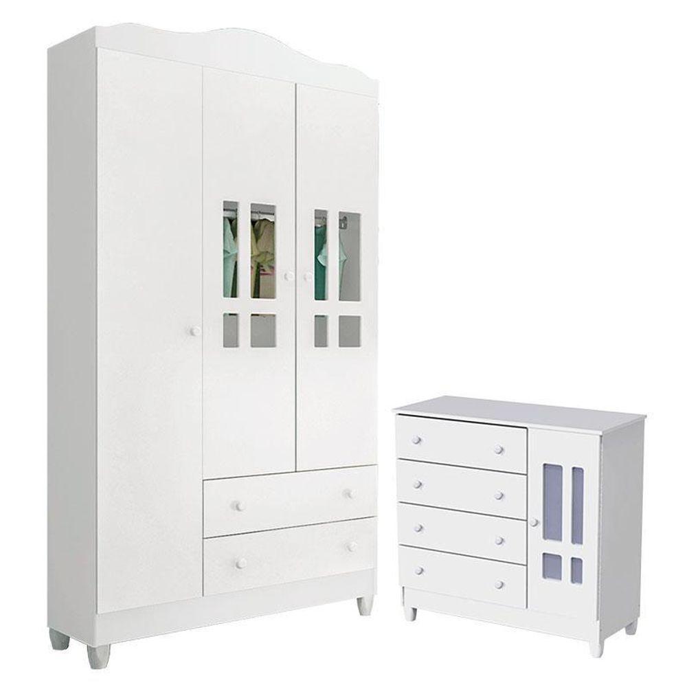 Cômoda E Guarda Roupa Infantil Ariel 3 Portas Branco Brilho - Carolina - 1