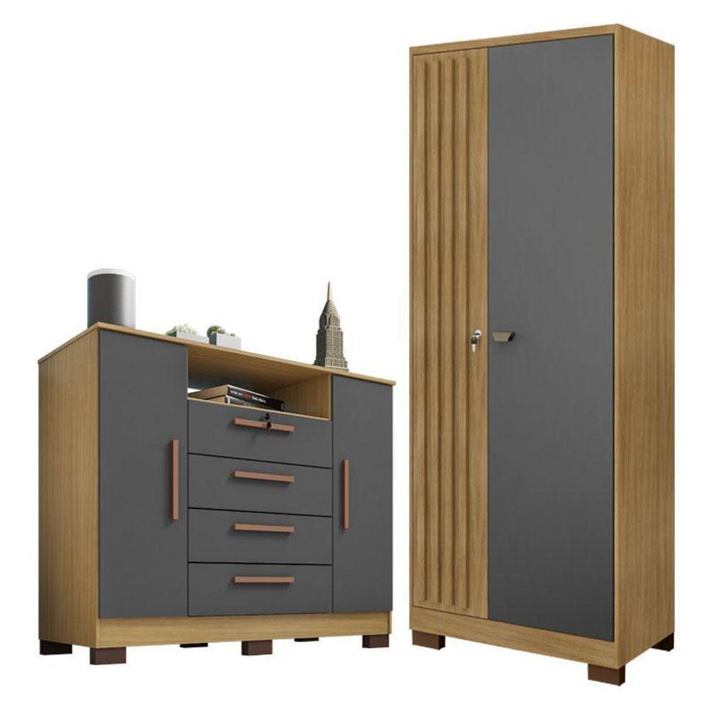 Comôda Madri Com Armário Multiuso Versátile Carvalho Americano Grafite – Incorplac - 1