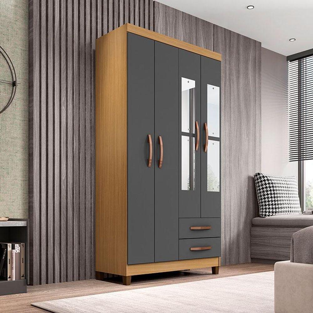 Guarda Roupa Solteiro Ambiente Mogi Com Espelho 4 Portas Carvalho Americano Grafite - Incorplac - 1