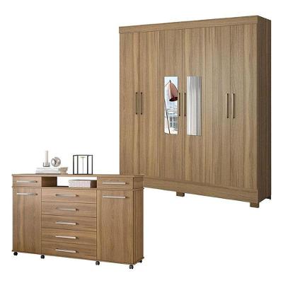 Cômoda e Guarda Roupa Casal London 8 Portas 10 Gavetas em MDP Amêndola Touch com Espelho