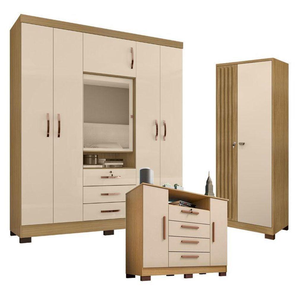 Guarda Roupa Casal Imperial E Cômoda Madri Com Armário Multiuso Versatile Carvalho Americano Off White – Incorplac - 1