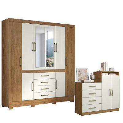 Cômoda e Guarda Roupa Casal Nápole 2045149 8 Portas Giratórias 4 Gavetas Atacama Off White