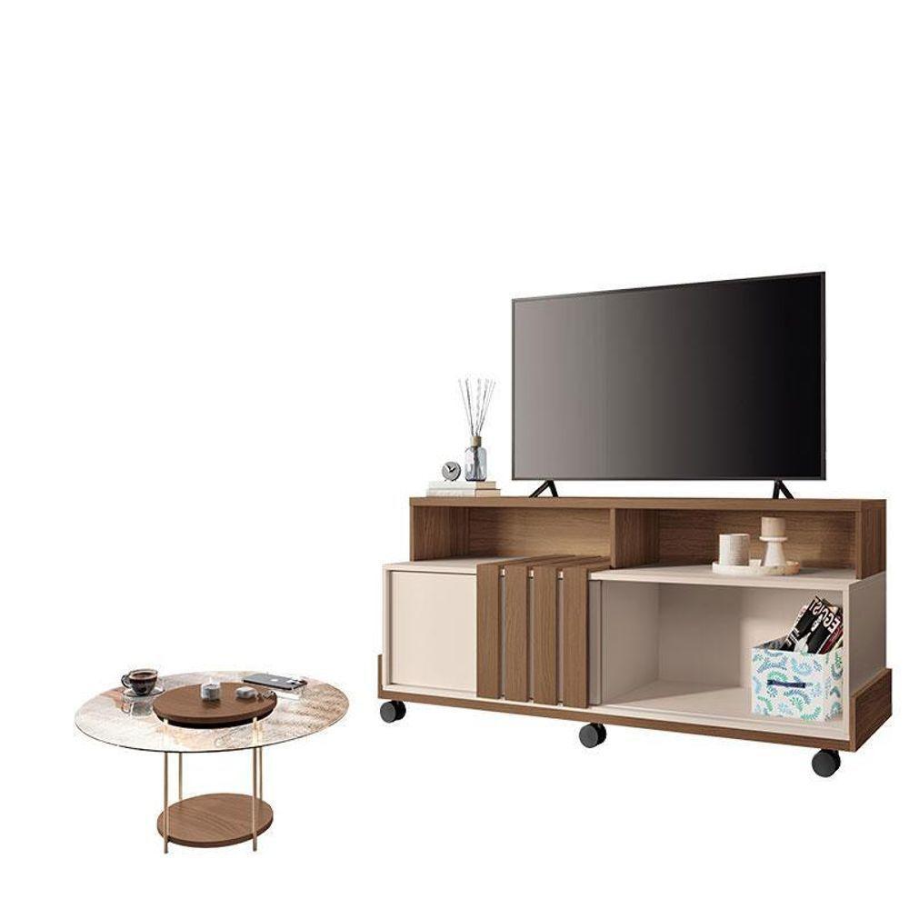 Rack Bancada Graci 1.3 Com Mesa De Centro Sky Com Tampo De Vidro Castanho Off White – Hb Móveis - 1