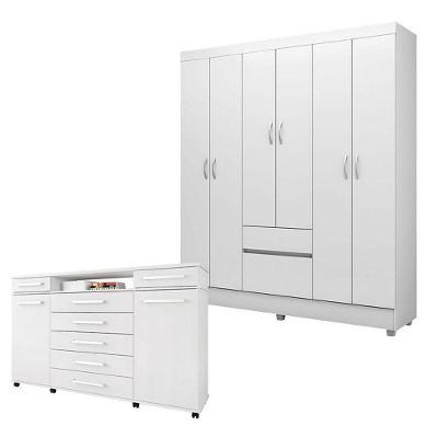 Cômoda e Guarda Roupa Casal London Flash 2 8 Portas 9 Gavetas em MDP Branco Flex