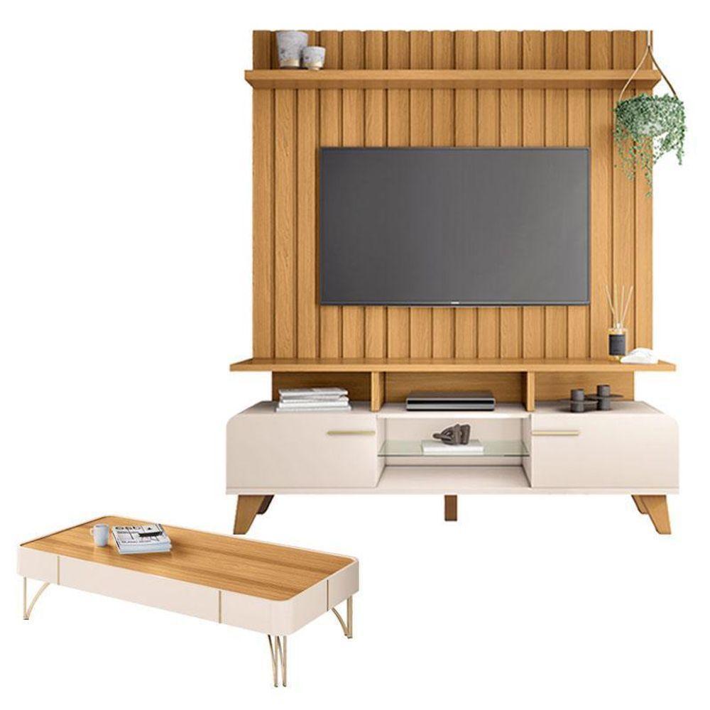 Rack Bancada Essenza E Painel Link 1.6 Com Mesa De Centro Cazenza Off White Cinamomo – Hb Móveis - 1