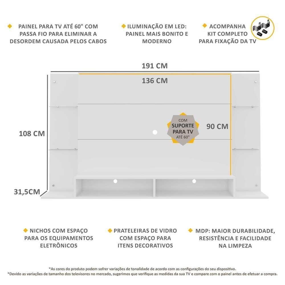 Painel Com Suporte Tv 60" E 2 Leds Vegas Multimóveis V3677 Branco Branco - 6