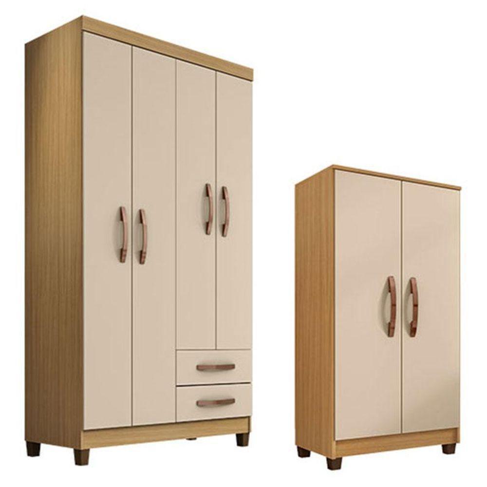 Guarda Roupa Solteiro Modena Com 4 Portas E Armário Multiuso Egito Carvalho Americano Off White – Incorplac - 1