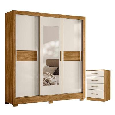 Guarda Roupa Casal e Cômoda Bahamas Ms913 3 Portas de Correr 2 Gavetas MDP Freijó Off White Brilho