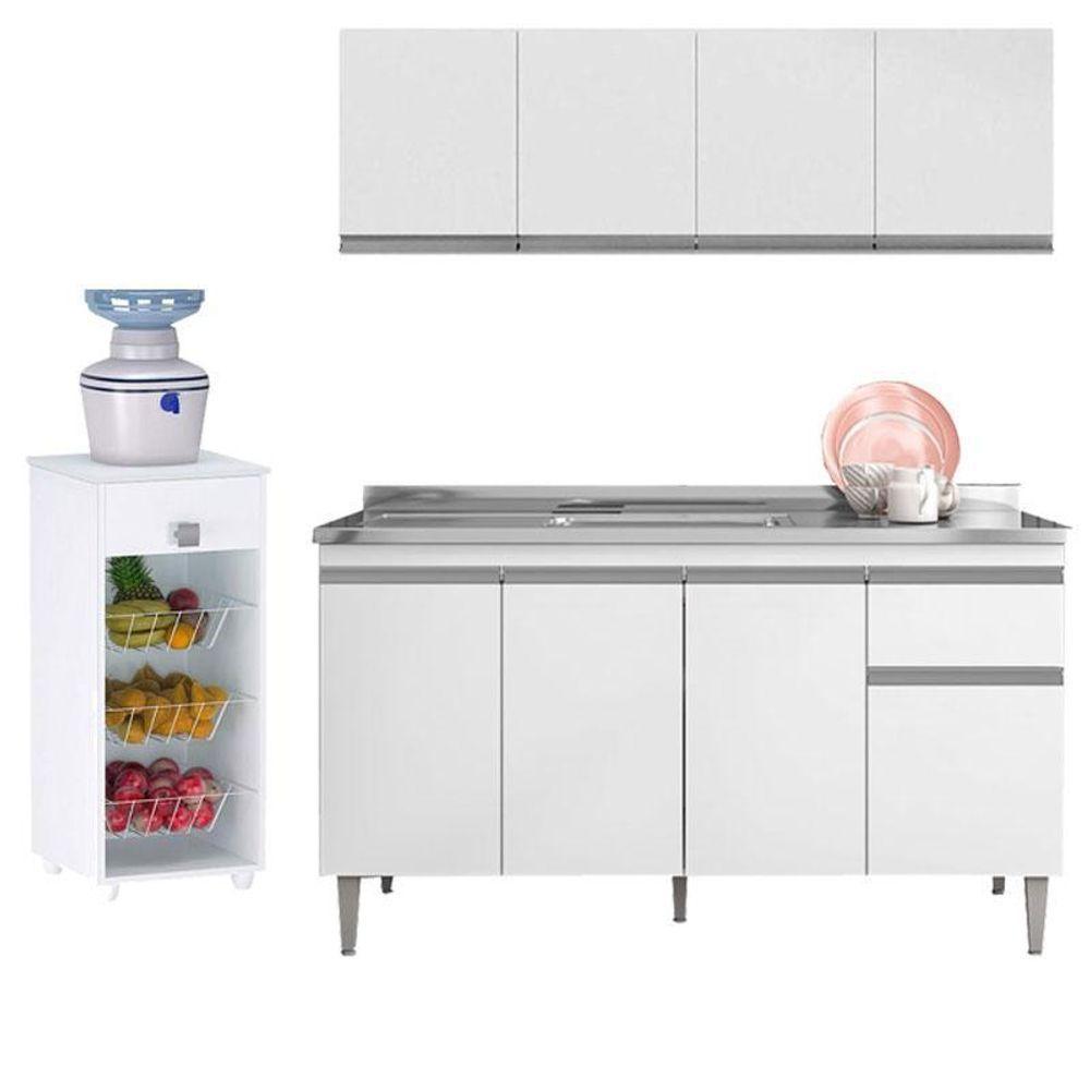 Balcão De Pia Tatiane 145 Cm E Armário Aéreo Andréia 4 Portas 150 Cm Com Fruteira Monalise Branco Brilho – Ajl - 1