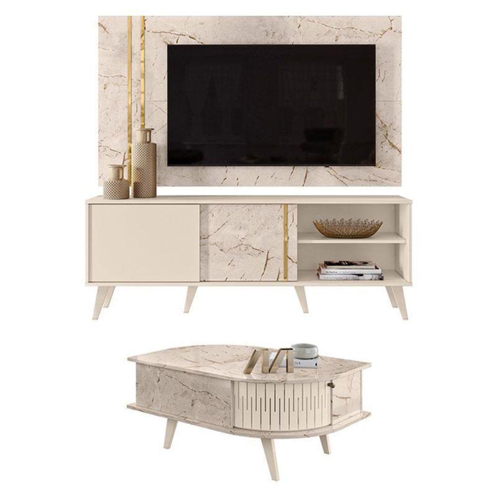 Rack Bancada E Painel Para Tv Cronos Com Mesa De Centro Indianápolis Calacata Off White – Madetec - 1