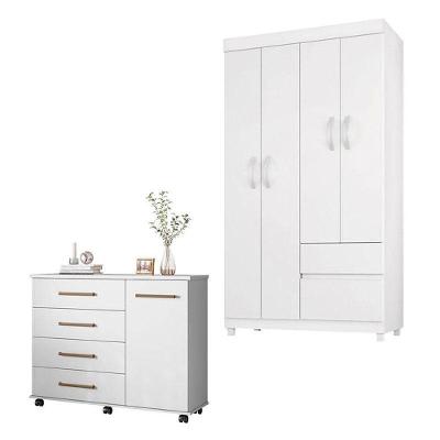 Cômoda Flora e Guarda Roupa Solteiro Lótus 4 Portas 2 Gavetas Branco Flex MDP