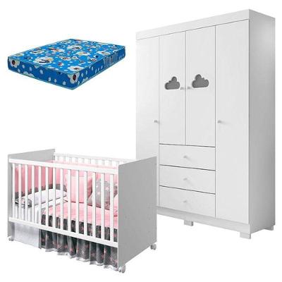 Berço Americano Tico E Guarda Roupa Infantil Ane Branco Brilho Com Colchão Ortobom – Phoenix Baby
