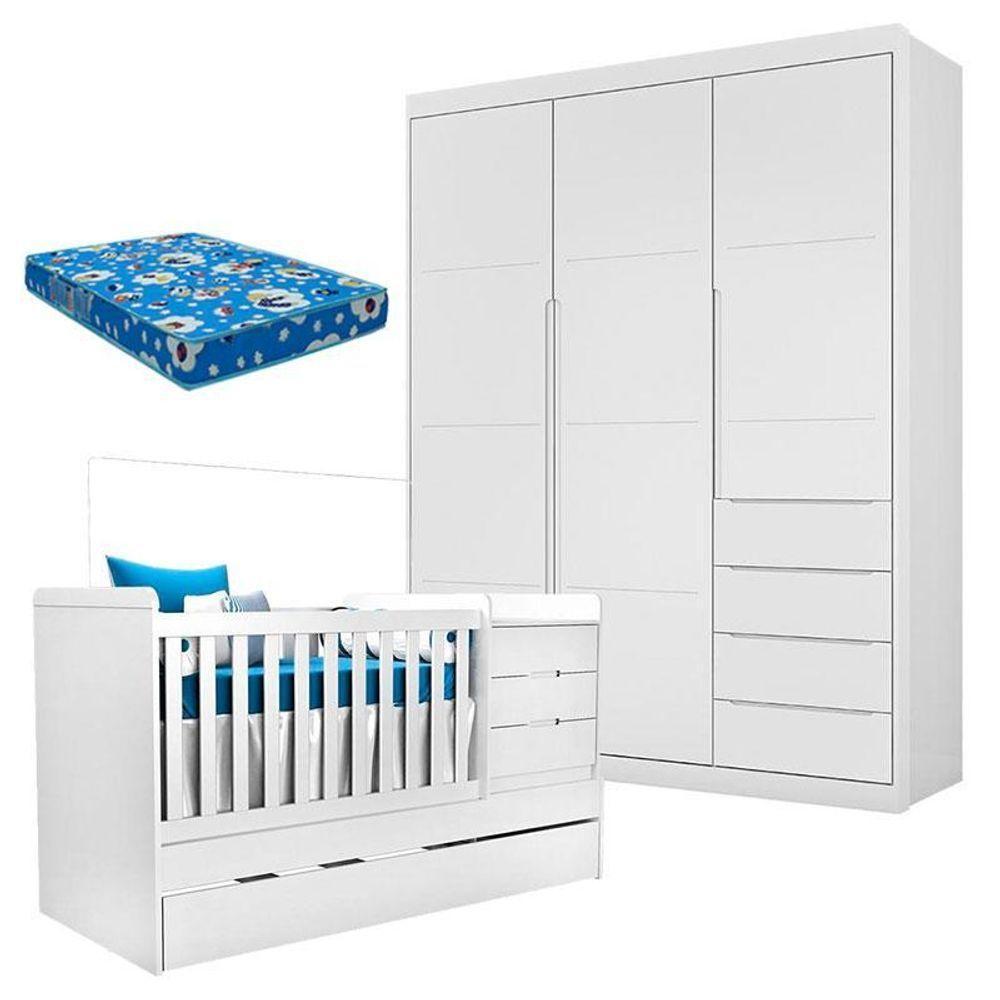 Berço Multifuncional Cleo Com Guarda Roupa Blenda Branco Acetinado E Colchão – Phoenix - 1