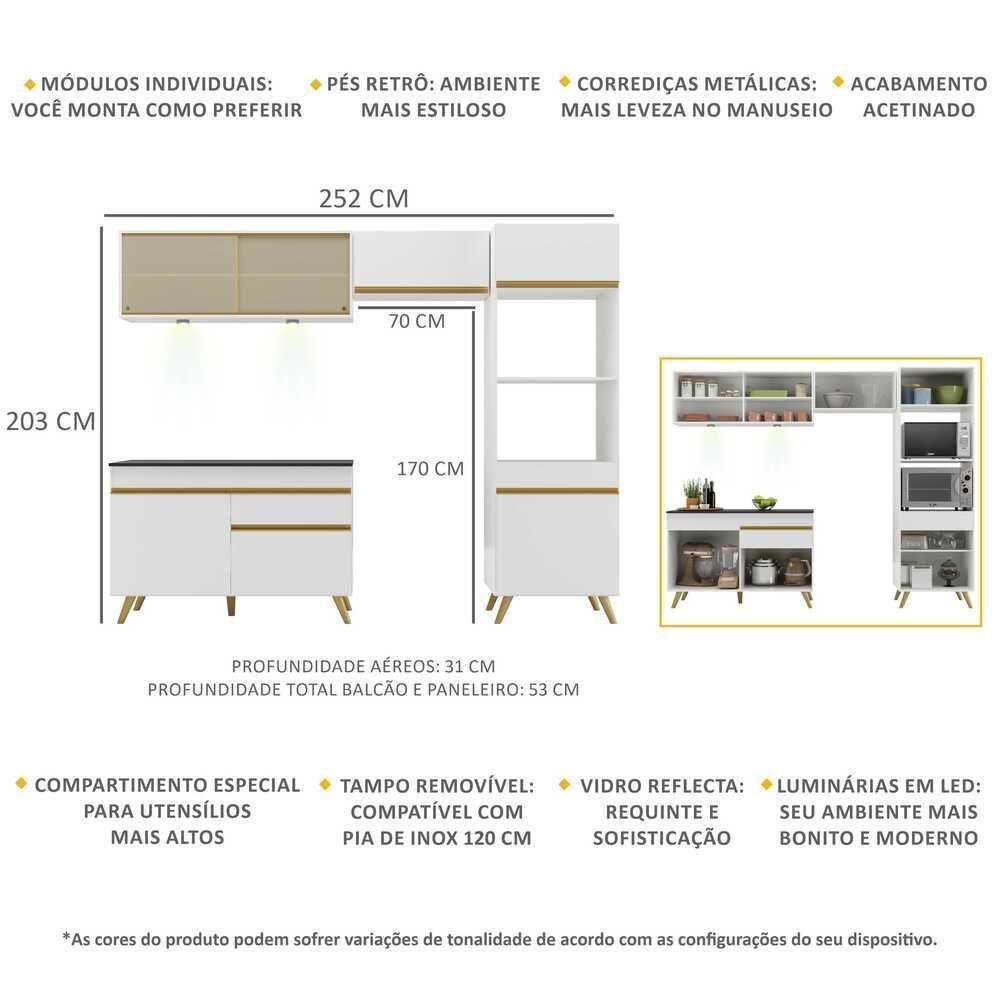 Armário De Cozinha Compacta 252cm Com Leds Veneza Up Multimóveis V2017 Branco/dourado Branco/dourado - 5
