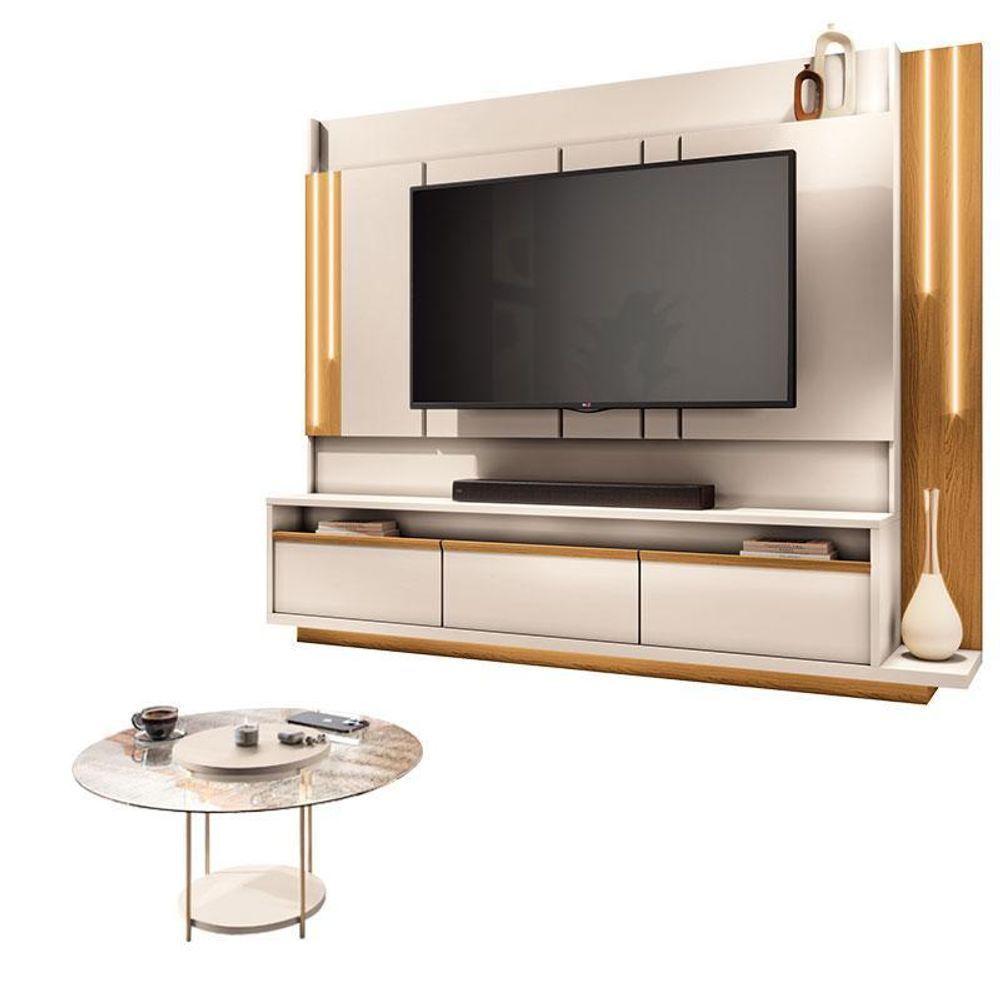 Estante Home Theater Montane Off White Cinamomo E Mesa De Centro Sky Com Tampo De Vidro Off White - Hb Móveis - 1