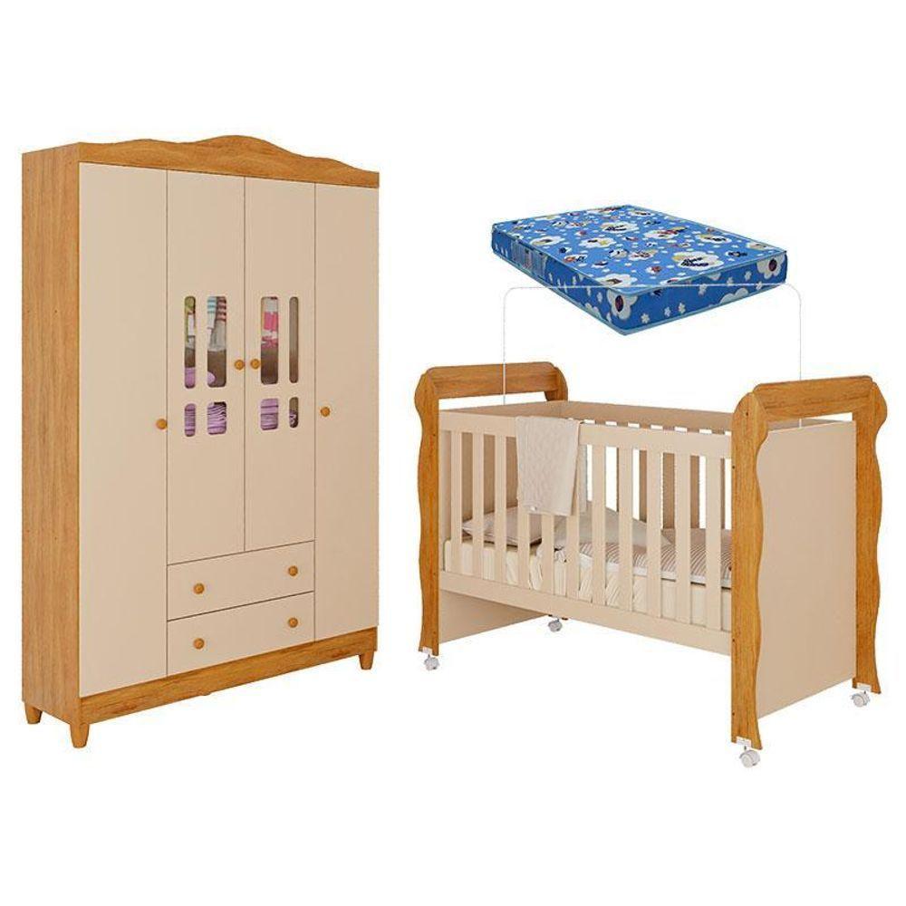 Berço Americano Mirelle E Guarda Roupa Infantil Ariel 4 Portas Off White Bétula Com Colchão Ortobom– Carolina Baby - 1