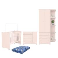 Dormitório Doce Sonho 2 Portas, Cômoda 1 Porta, Berço Rosa Acetinado Com Rodízio E Colchão - Qmovi Rosa Acetinado - 1