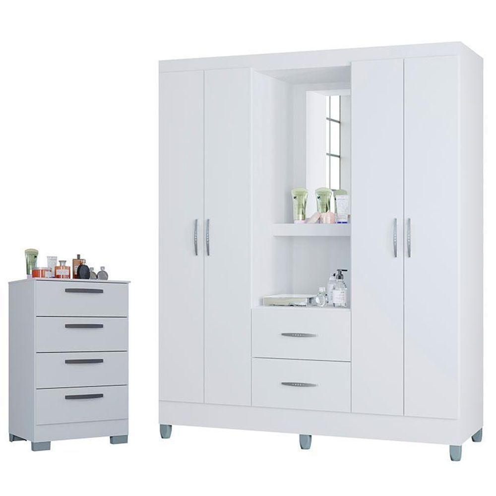 Cômoda 867 4 Gavetas Com Guarda Roupa Solteiro Córdoba 4 Portas Branco Brilho - Poquema - 1