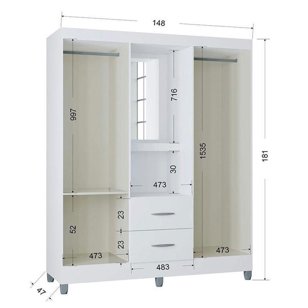 Cômoda 867 4 Gavetas Com Guarda Roupa Solteiro Córdoba 4 Portas Branco Brilho - Poquema - 3