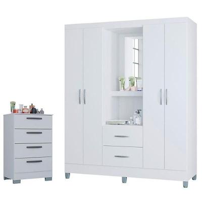 Cômoda com Guarda Roupa Solteiro Córdoba 4 Gavetas MDF Puxador Plástico Branco Brilhante