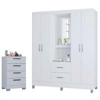 Cômoda 867 4 Gavetas Com Guarda Roupa Solteiro Córdoba 4 Portas Branco Brilho - Poquema - 1