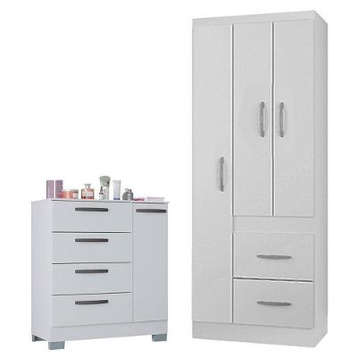 Cômoda com Guarda Roupa Solteiro Milão 4 Gavetas MDF Branco Brilho