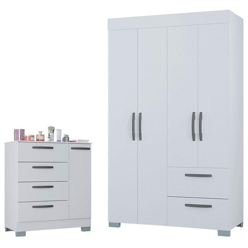 Cômoda 868 4 Gavetas E 1 Porta Com Guarda Roupa Solteiro Tóquio 4 Portas Branco Brilho - Poquema - 1
